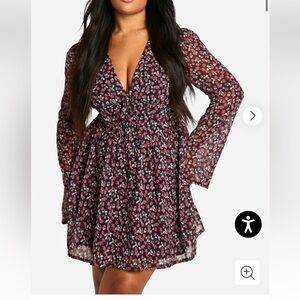 Boohoo Black and Pink Floral Long Sleeve Dress